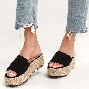 ✨Black Espadrille Slide Wedge Platform Sandals with Crystal Embellishments